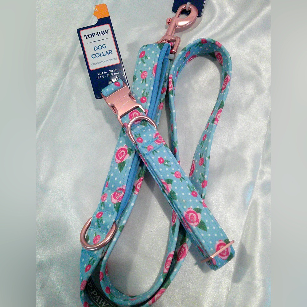 Top Paw Blue Rose Dog Collar (M) and Leash Set